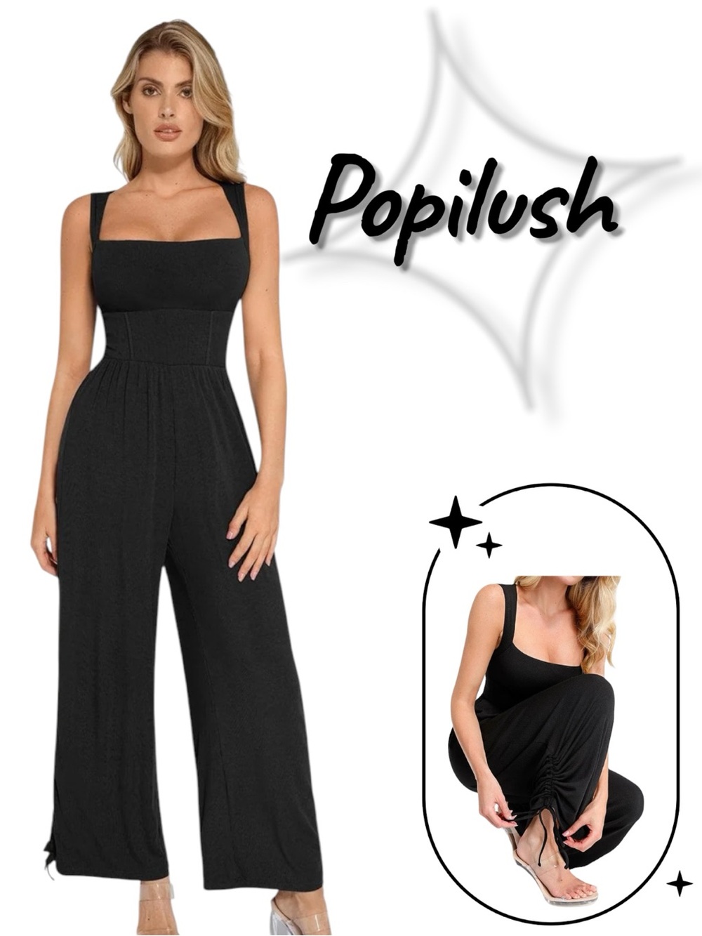 Popilush Black Square-Neck Wide-Leg Jumpsuit